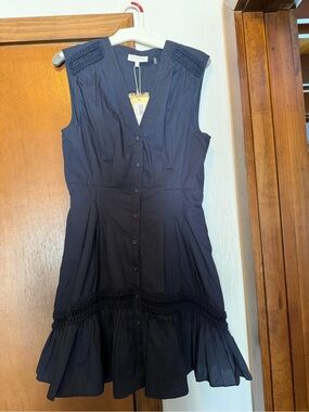 Ramy Brook Eloisa Navy Sleeveless Button-Front Mini Dress with Crochet Trim